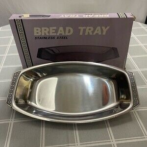 Vtg MCM 50s Bread Tray Tulip Pattern Handles Stainless Steel Serving Dish Tray